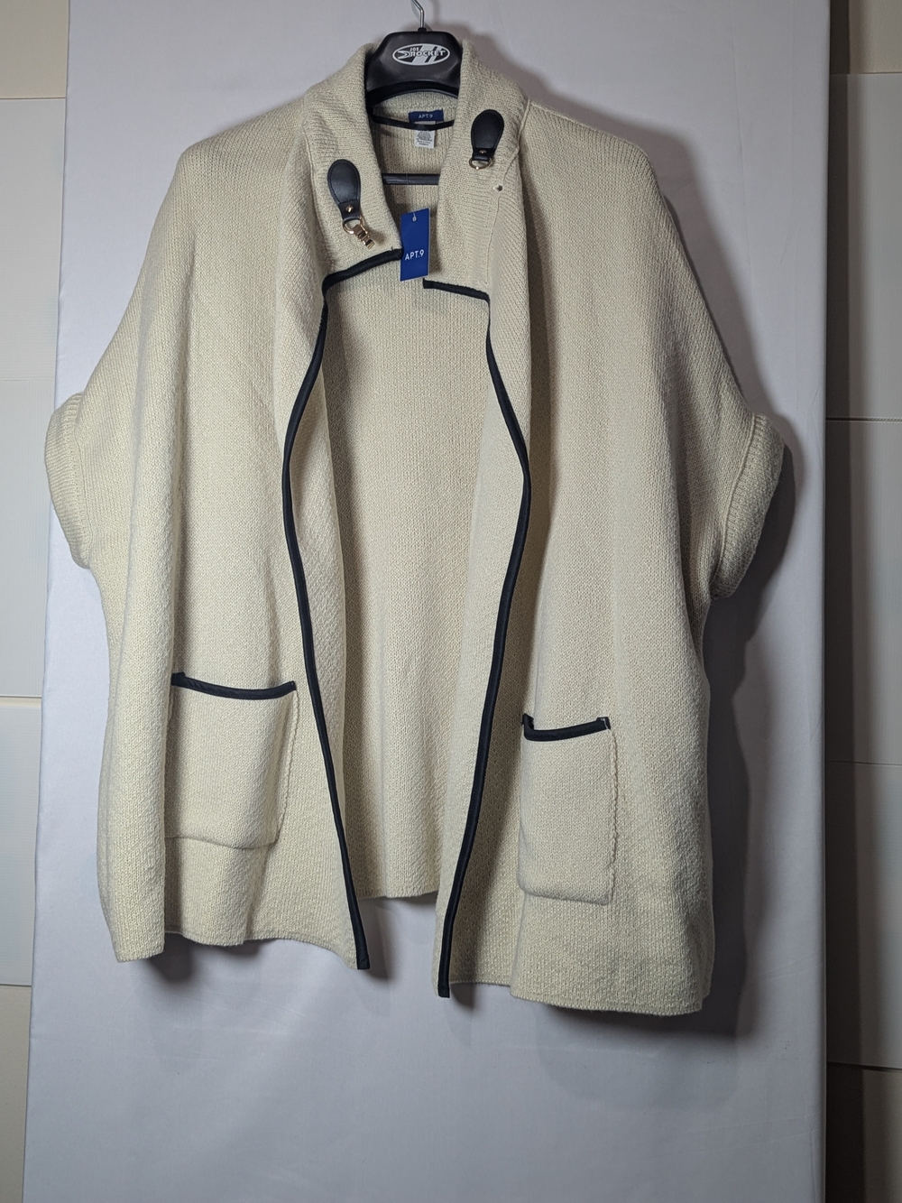 NWT APT. 9 One Size Cream Knit Cape Cardigan Black Trim Gold Hardware